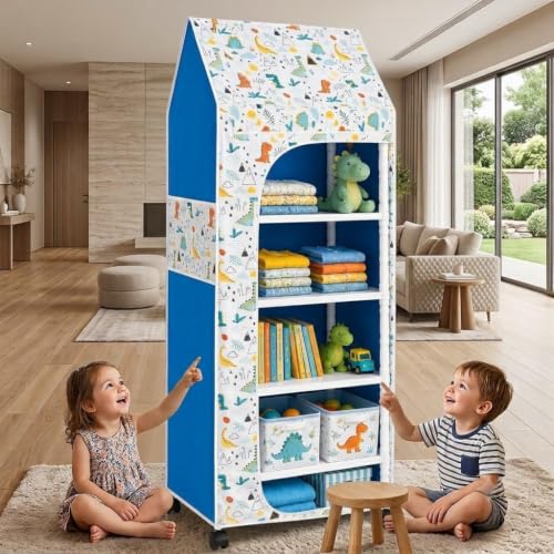 Image of YouCopia Baby Wardrobe Plastic Kids Storage Rack with Fabric Cover & Wheels | 6-Tier Plastic Shelves Organizer | Toy, Book & piceLiner Spice Drawer Liner, Kids Room (Dinosaur)