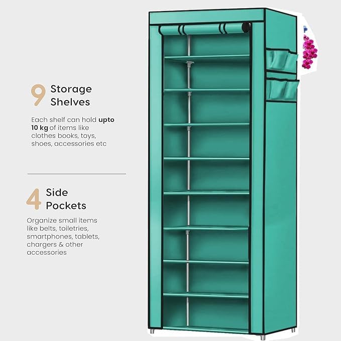 Image of BONTEC Collapsible Wardrobe 6 Shelves Storage Clothes Storage Rack Quick Wardrobe /Cabinet /Multipurpose, Foldable, Collapsible Fabric Organizer for Home Office (FIROZI, 9 Tier Rack)