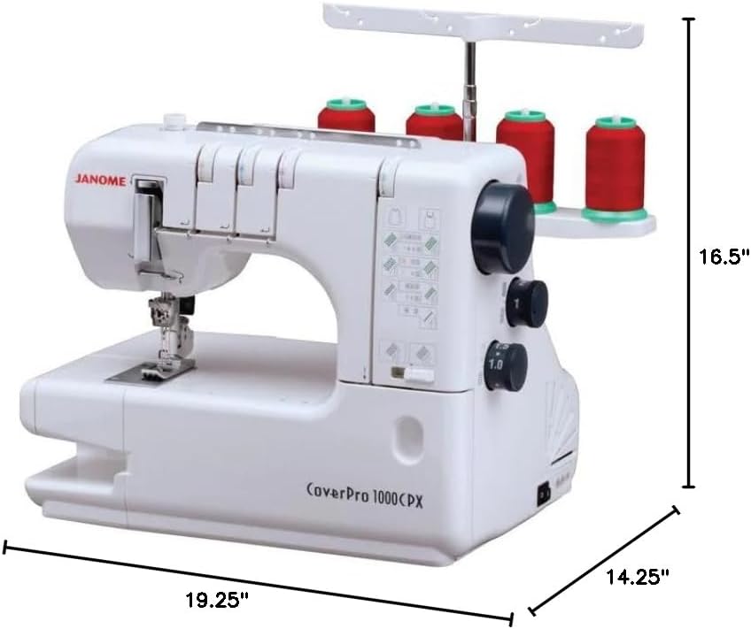 Janome CoverPro 1000CPX High-Speed Long Arm Heavy-Duty Coverstitch Machine with Seam Tightening System and Extra Large Bed Space (White)