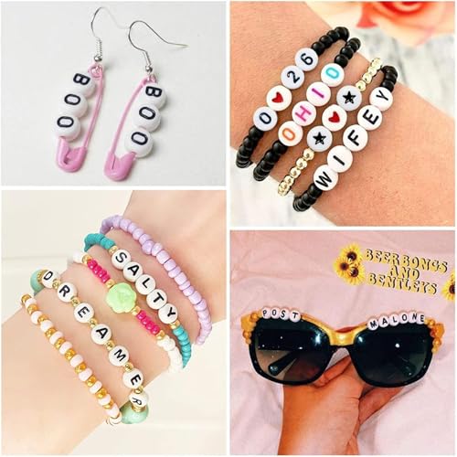 Image of Amaney 1500 Pieces 4x7mm White Round Acrylic Alphabet Letter Beads A-Z Number Beads Star Beads Heart Beads and Crystal Line for Jewelry Making