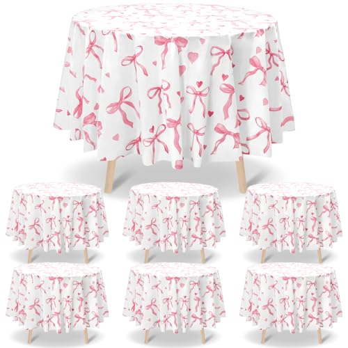 Image of Ganeen 6 Pcs Pink Bow Tablecloths 84 Inch Plastic Round Table Covers Waterproof Coquette Birthday Party Decorations Pink Bow Favors Table Covers for Women Bridal Baby Shower Bachelorette Party Decor