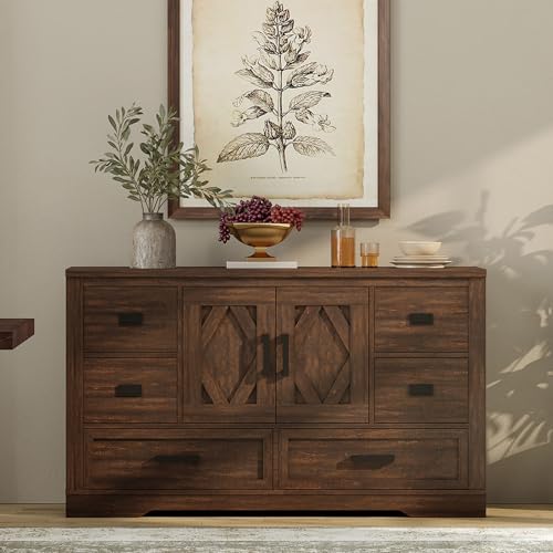 Image of WAMPAT 54 inch W Large Sideboard Buffet Cabinet with Storage,Wood Farmhouse Sideboard Table with Barn Doors and Drawers for Kitchen,Dining Room,Coffee Bar,Dark Brown
