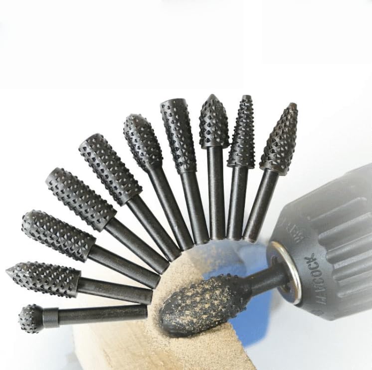 10 Pcs Rotary Burr Set for Carving, 1/4" Shank Woodworking Grinding Bits for Shaping and Engraving