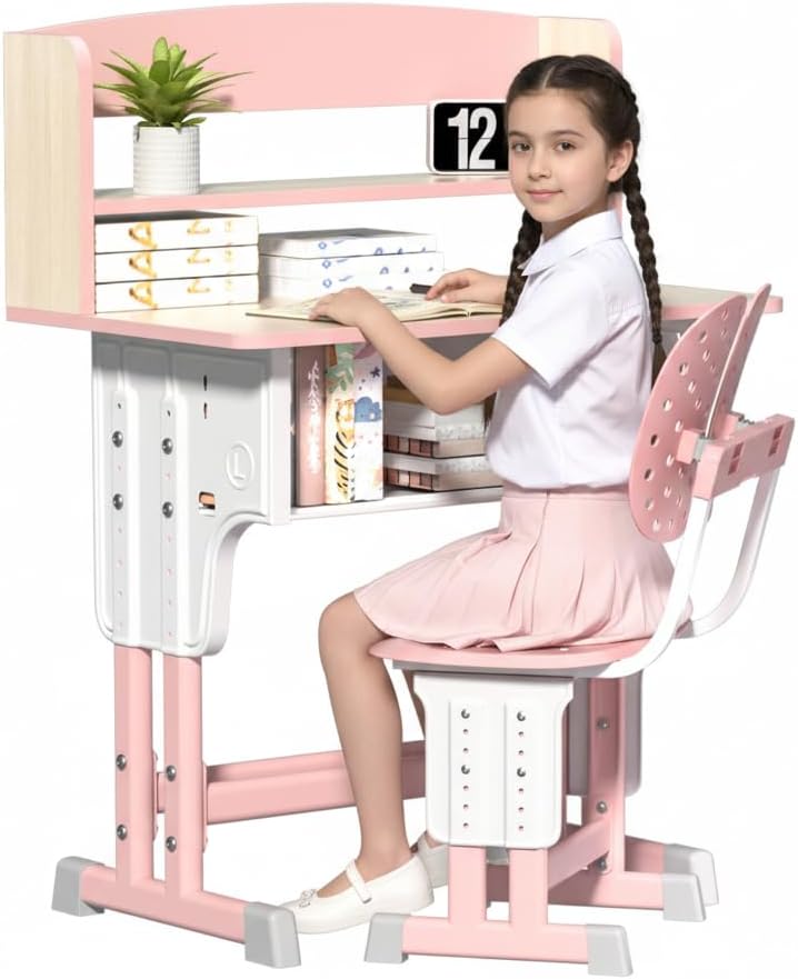 Kids Table and Chair Set, Height Adjustable Childs Table and Chairs Set with Drawer, Storage, Dual Partition Book Stand, Backpack Hook, Cup Holder, Ergonomic Children Desk for Kid Pink