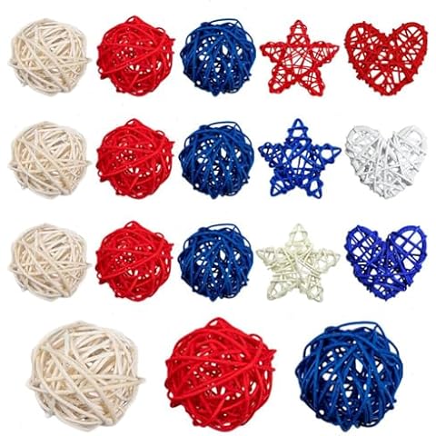 WANYANG 18pcs Wicker Rattan Balls Decorative Balls for Bowls, 1.18 Inch Loves Star Shaped Wicker Balls DIY Vase Bowls Orbs Filler,Red Blue White Rattan Ball for 4th of July DIY Vase Bowl Filler Cover