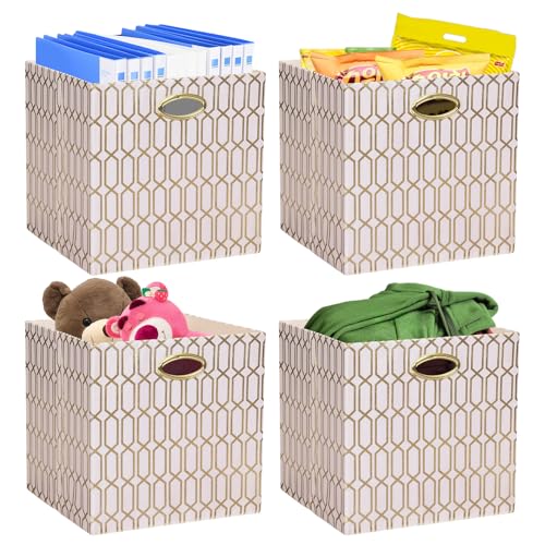 Image of Posprica Storage Bins, Storage Cubes,13×13 Fabric Drawers Organizer Basket Boxes Containers (13×13×13/4pcs, Cream/gold geometry Pattern)