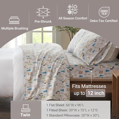 True North by Sleep Philosophy Cozy Flannel Warm 100% Cotton Sheet - Novelty Print Animals Stars Cute Ultra Soft Cold Weather Bedding Set, Twin, Multi Forest Animals 3 Piece