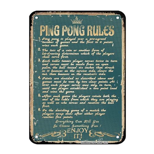 SAODOMA Blechschild mit Ping Pong Rules – Retro-Stil – Geschenke für Tischtennisliebhaber, privates Fitnessstudio, Innen- und Außenbereich, Heimdekoration, Wissen aus Metall