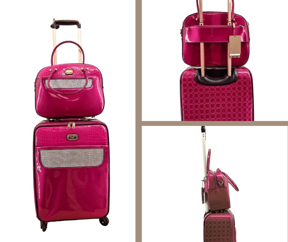 Luxurious Carry-on Spinner Luggage & Patterned Designer Tote with Rhinestone Leather Retro Crystal Overnight Latch on luggage handle (KGL8899 + KGO8329 Matching 2 PC Set) (DARK GREEN)2