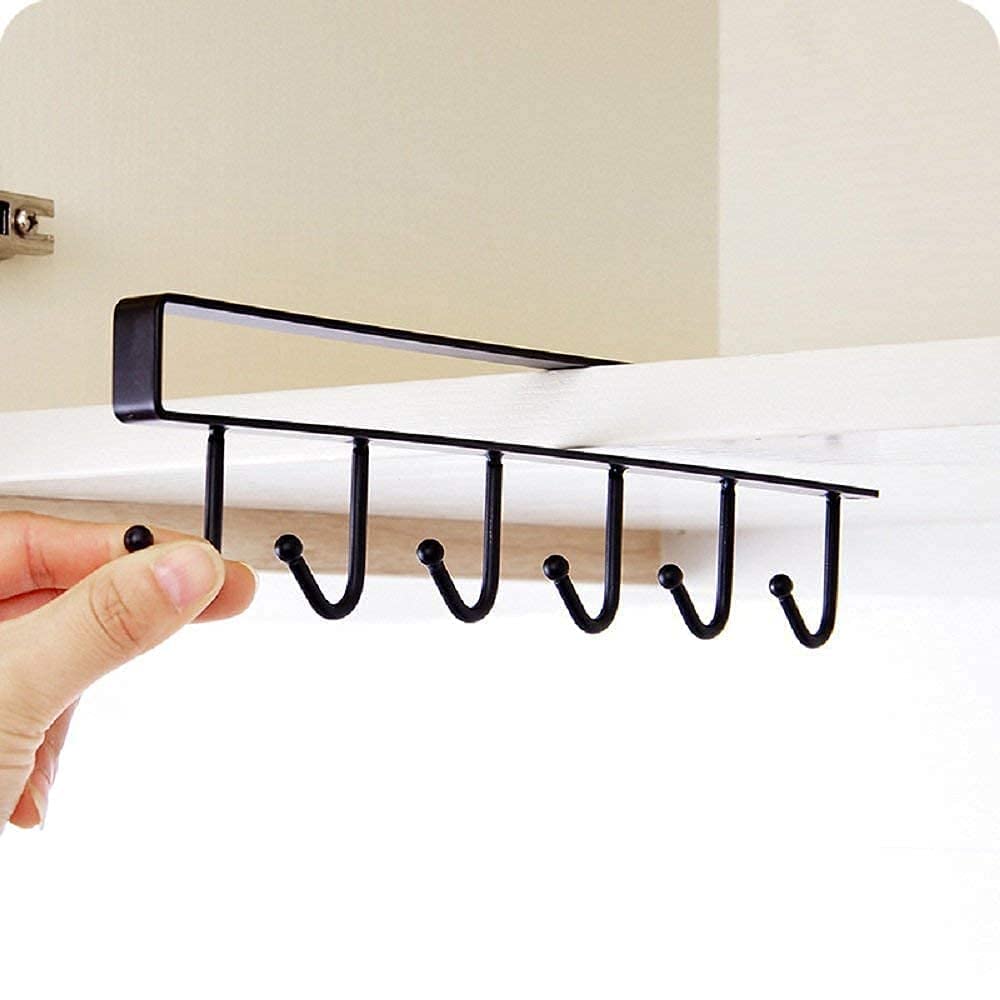 PRM Space Saver Over Door 6 Hook Hanger Rack | Heavy Duty Metal Cabinet Organizer for Kitchen Towels, Bags, Keys, Clothes & Bathroom Use | No Screw Installation | Black-picture-17
