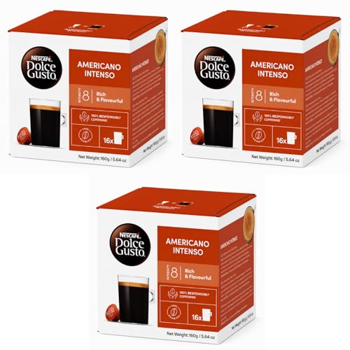 Image of NESCAFE Dolce Gusto Americano Intenso Coffee Capsules (Pack of 3) - 16 Pods (160g) Box - Premium Arabica Roast & Ground Coffee, Powerful & Full-Bodied Flavor, Intensity 8, Compatible with Dolce Gusto Machines, By Cougar - (IMPORTED-UK)