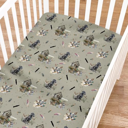 Image of Wild Duck Hunting Hunter Fitted Baby Crib Sheet for Boys Girls 52"x28" Mallard Ducks Reed Dogs Soft Breathable Stretchy Baby Sheets Fits Standard Crib and Toddler Mattress Crib Mattress Covers