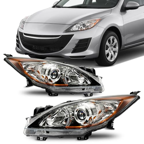 PHILTOP Headlights Assembly Compatible with 2010-2013 Mazda 3 Chrome Housing Clear Lens Amber Reflector Halogen Headlamps (Driver + Passenger Side)