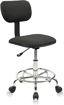 KLASIKA Drafting Chair Rolling Stool Adjustable Height with Back Support Foot Rest and Wheels Multi-Purpose Desk Chair for Home Office Bar Kitchen Shop, Black, 1 Pack