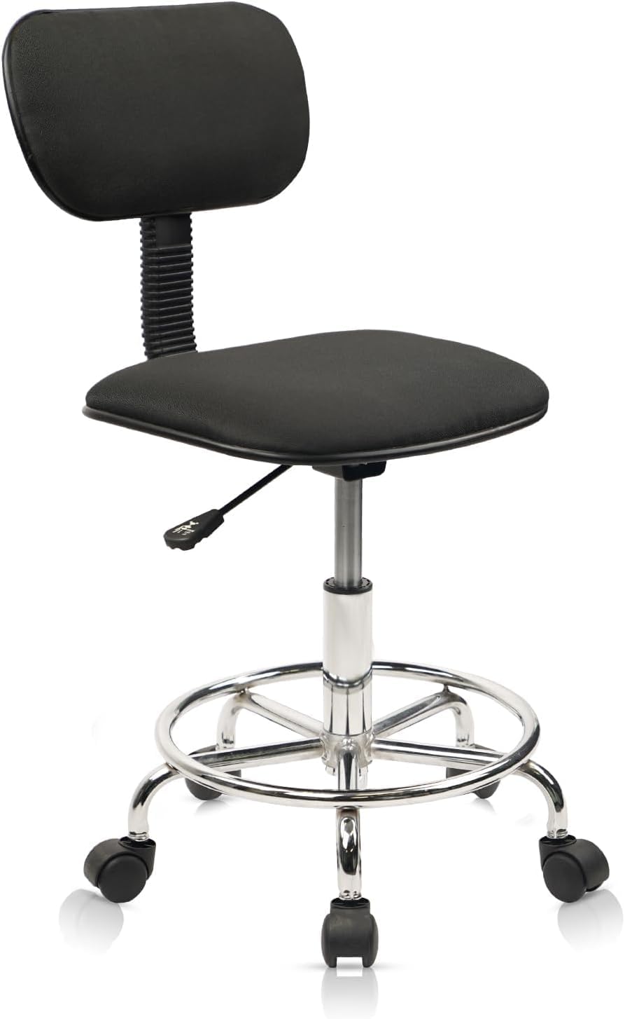 KLASIKA Drafting Chair Rolling Stool Adjustable Height with Back Support Foot Rest and Wheels Multi-Purpose Desk Chair for Home Office Bar Kitchen Shop, Black, 1 Pack