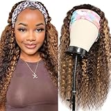 NICMISS Highlight Headband Wig Human Hair Deep Wave 4/27 Ombre Curly Human Hair Headband Wigs for Black Women Glueless None Lace Front Brazilian Virgin Wig Wear and Go 150% Density 16 Inch