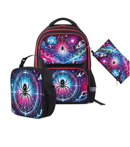 Spider Web Backpack Set for Boys and Girls | Kids School Bookbag Combo with Lunch Box and Pencil Case | Suitable for Student Ages 6-12 | Adjustable Straps Bag for Back to School & Travel