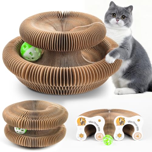 EXTFANS Rascador Cartón Corrugado para Gatos con Bolas Campana, Cama Plegable Interactiva + Almohadilla para Garras– Ideal para Divertimento y Mantenimiento de Garras (02)