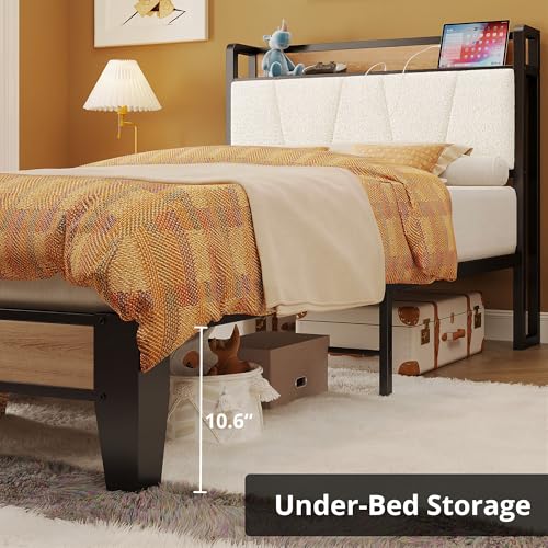 LIKIMIO Twin XL Bed Frames, Storage Headboard with Charging Station, Solid and Stable, Noise Free, No Box Spring Needed, Easy Assembly, Wood and Cream