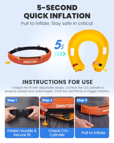 Image of Owntop Manual Inflatable Belt Pack, Adults Swim Jacket with Blowpipe & Whistle, 24g CO2 Cylinder Included, Low Profile for Kayaking, Fishing, Paddle Sports