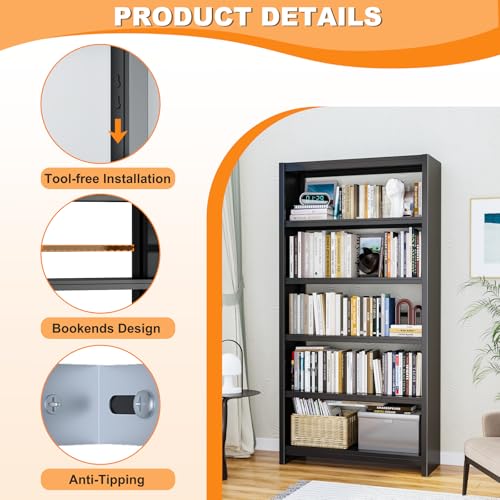 Image of VASAAOSD Metal Book Shelf, 69.3 inch Tall Black Bookshelves, 5 Tier Open Bookshelf, Toolless Assembly Black Shelves for Home Office, Living Room, Study