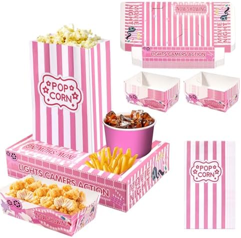 Rzoklot Pink Movie Night Party Supplies: 24 Snack Boxes, 12 Food Trays, 12 Popcorn Bags – Cute Disposable Snack Holders for Girls' Night, Birthday Party, or Home Theater