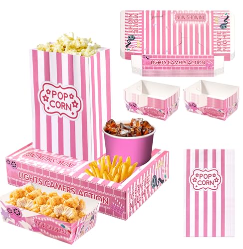 Rzoklot Pink Movie Night Party Supplies: 24 Snack Boxes, 12 Food Trays, 12 Popcorn Bags – Cute Disposable Snack Holders for Girls' Night, Birthday Party, or Home Theater