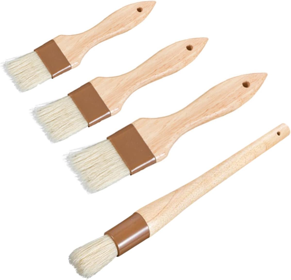 KICHOUSE 4pcs Food-grade Wood Handle Wool Brush for Baking Barbecue Includes Small Medium Large Round Lengthened Basting Oil Brushes Kitchen Utensils Utility Hanging
