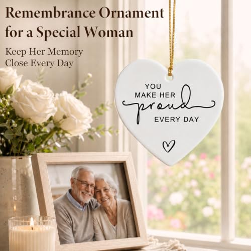 Image of Memorial Gift for Loss of a Loved One, You Make Her Proud Every Day Ceramic Heart Ornament, Sympathy Bereavement Keepsake for Funeral, Remembrance Table, Christmas Tree, Family and Friends