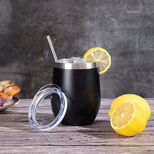 Image of 12 oz Insulated Wine Tumbler with Lid and Straw,Stainless Steel Stemless Wine Tumbler Glasses Double Wall Vacuum Wine Cups Tumbler Bulk for Coffee,Champaign,Cocktail,Office (Black,4)