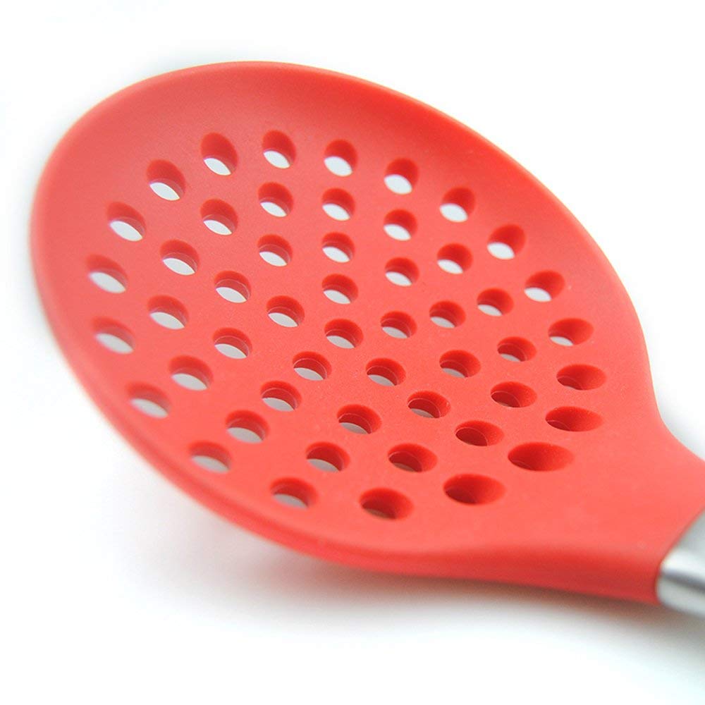 we3 Silicone Skimmer Slotted Spoon Stainless Steel Handle Design Restaurant Kitchen Cooking Utensil Red Pack of 1 1