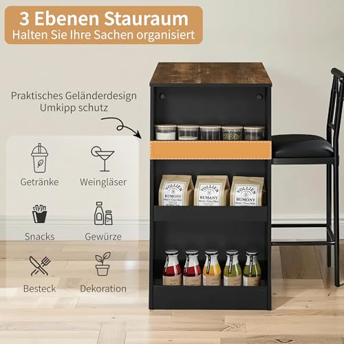 VECELO Bartisch mit Barhocker Set, Stehtisch mit 2 PU-gepolsterten Stühlen und 3 Seitenregalen, Küchentisch im Industrie-Stil für Esszimmer, Küche oder Wohnzimmer, Vintagebraun