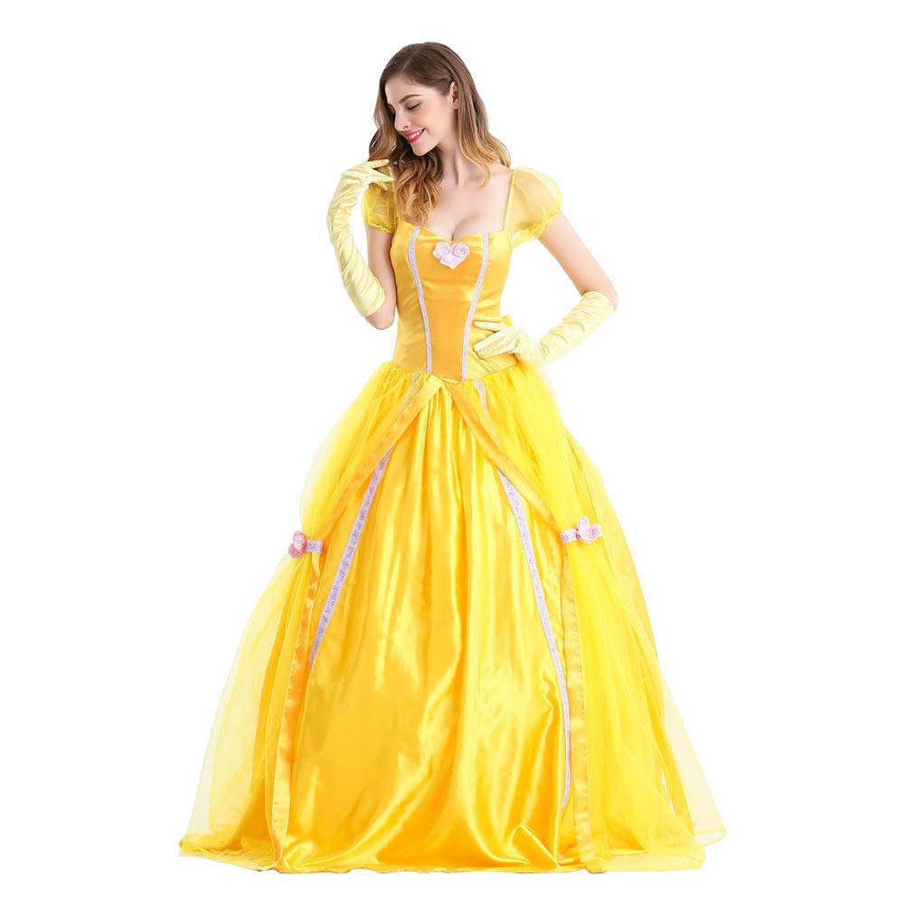 Adulta Disfraz de Belle para Mujer Princesa Melocotón Vestido de Falda Larga Carnaval de Halloween Cosplay Vestido para Arriba Traje de Fiesta de la Bella y la Bestia de Cuento de Hadas