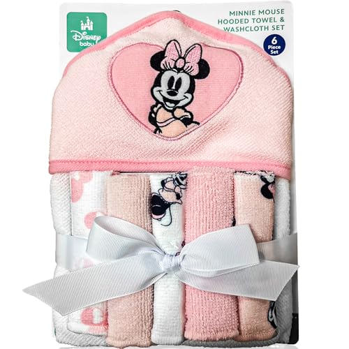 Image of Cudlie Accessories Disney Baby Minnie Mouse Hooded Towel with 5 Piece Washcloth Set (Pink)