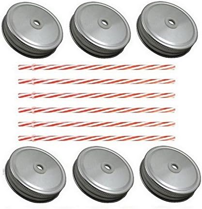Miniatura 1 de Tapas para tarros Mason con pajitas, 6 piezas (tapas plateadas, pajitas a rayas rojas)