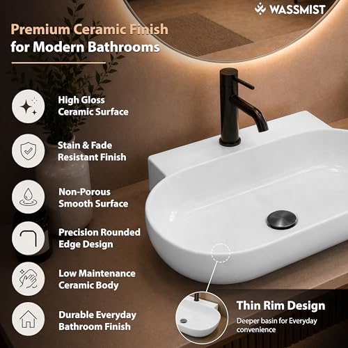 Image of WASSMIST Wash Basin | Table Top WashBasin for Bathroom with 10 Year Glaze Warranty | Premium Ceramic Basin with Thin Rim (22.5 X 15.5 X 5.31 inch)