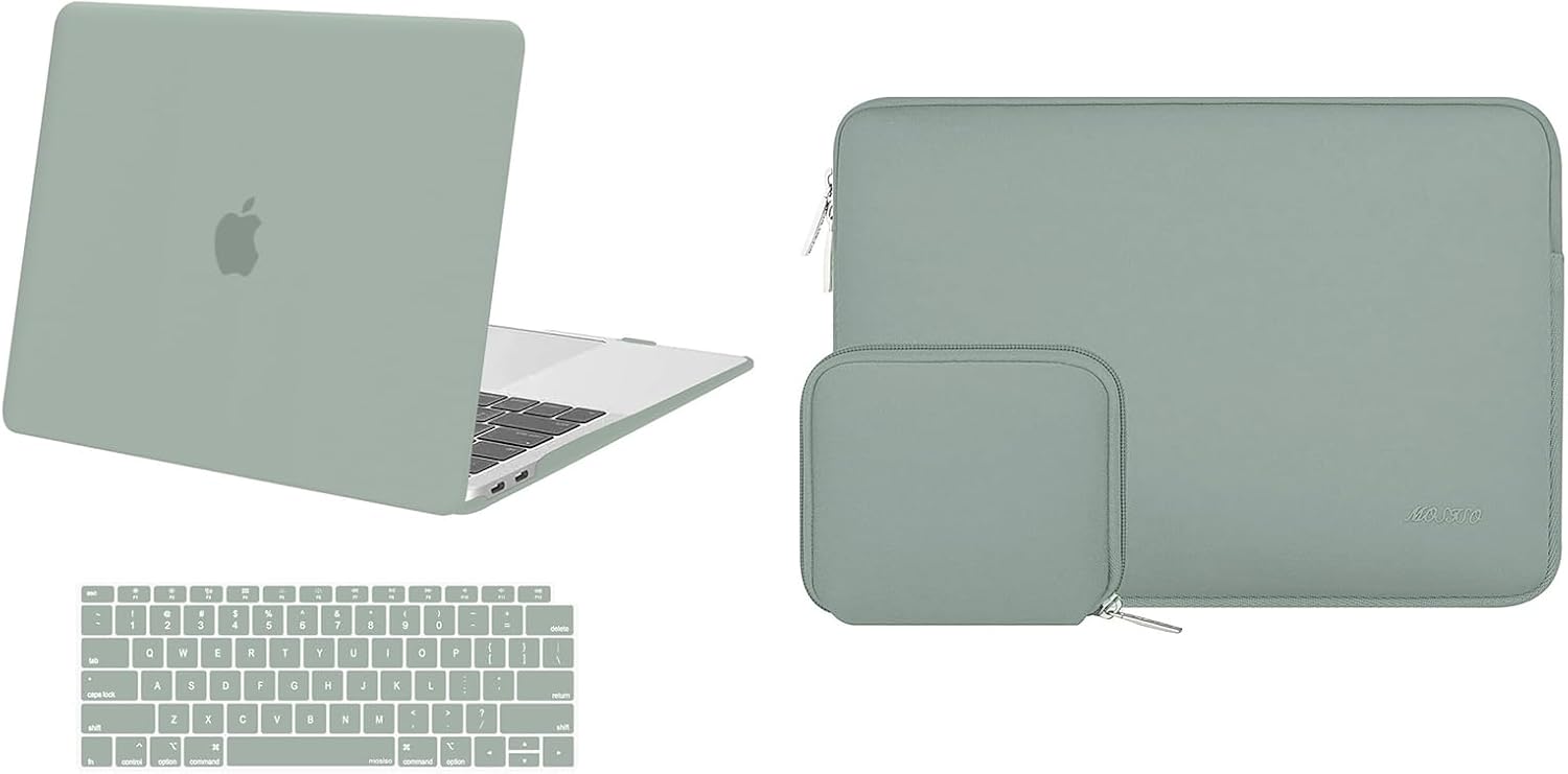 MOSISO Compatible with MacBook Air 13 inch Case 2018-2020 Rlease A2337 M1 A2179 A1932, Plastic Hard Shell Case&Neoprene Bag Cover with Small Case&Keyboard Cover, Antique Green