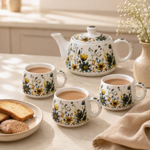 Image of The Earth Store Premium Handcrafted Daisy Bloom Ceramic Tea Cup Set with Kettle Microwave and Dishwasher Safe 6 Tea Cups & 1 Kettle | Tea Pot Set | Morning Set