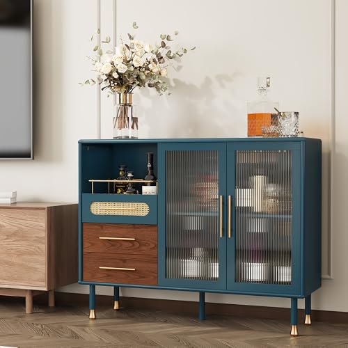 Image of ARTPOWER 48 inch Coffee Bar Cabinet with Wine Racks and Drawers, Modern Buffet Sideboard with Pull-Out Wine Storage, Liquor Bar Cart for Kitchen, Dining Room, Living Room (Blue)