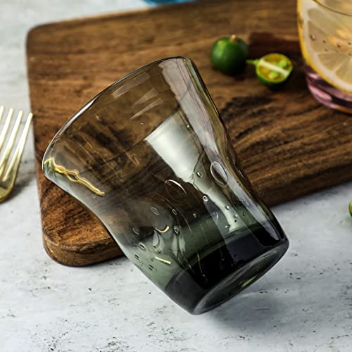 G Colorful Pinch Bubble Tumblers & Water Glasses Set Of 4, 11 Oz. Hand Blown Solid Color Vintage Glassware Fancy Unique Mixed Multi-Color Drinking Glasses Amber Blue Light Pink Smoke Grey #TOP1