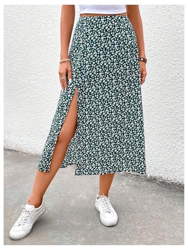 Milumia Women's Ditsy Floral Skirt High Waist Split Thigh Flared Midi Skirts4