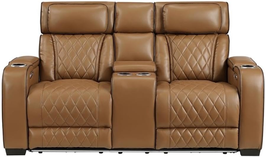 Pemberly Row Faux Leather Power Reclining Loveseat, Brown, LED Lighting, USB Ports, Dual Recline with Adjustable Headrests, Storage Console with Cup Holders, Theater-Style Seating, Plush Home