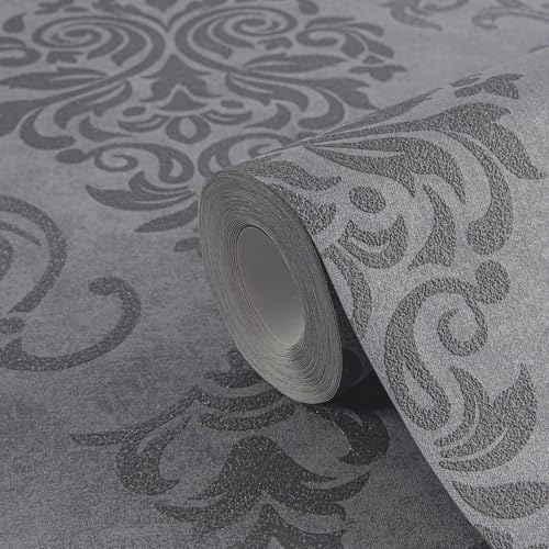 A.S. Création Vliestapete Memory Tapete neo barock glamourös klassisch 10,05 m x 0,53 m grau metallic schwarz Made in Germany 953723 95372-3