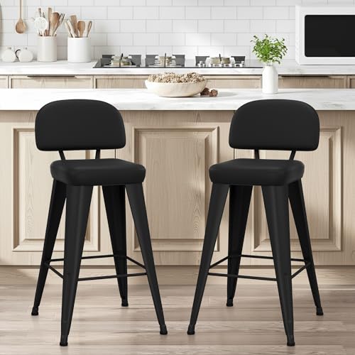 Image of Yongchuang 26 inch Black Bar Stools Set of 2 PU Leather Counter Height Stools with Back Metal Legs Upholstered Modern Kitchen Island Bar Chairs