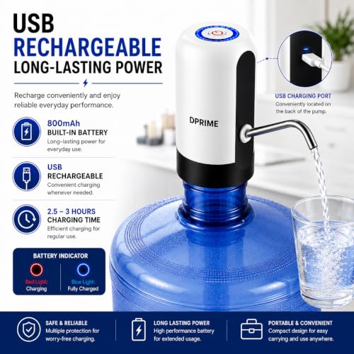 Image of DPrime Electric Water Dispenser Pump for 10L, 15L & 20 Litre Bottle | USB Rechargeable 800mAh | Stainless Steel Nozzle, Food-Grade Hose | One-Touch Portable for Home, Office & Travel