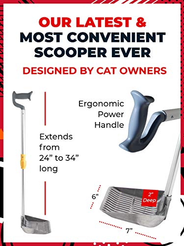 Iprimio Scoop Monster Stand Up Cat Litter Scooper - (Silver) - Adjustable Length Handle Up To 34 Inch - Kitty Litter Box Accessory - Super Larg Shovel - Fast Shifting Cat Litter Scoop #TOP4