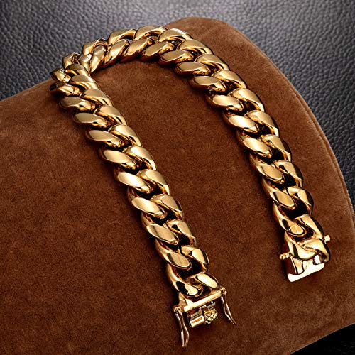 Rowin&Co Sturdy Miami Cuban Bracelet Chain Mens Black/Rainbow Colorful /18K Gold Plated Thick 316L Stainless Steel Hip Hop Jewelry Wrist Link 15Mm 8 8.5 9 Inchs #TOP1