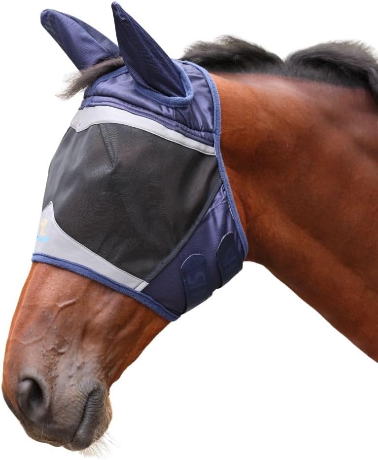 Shires FlyGuard Pro Fine Mesh Fly Mask with Ears & Open Forelock – Full Size | Lightweight Breathable Mesh Fly & Insect Protection | Turnout, Grazing & Stable Use | Navy Colour