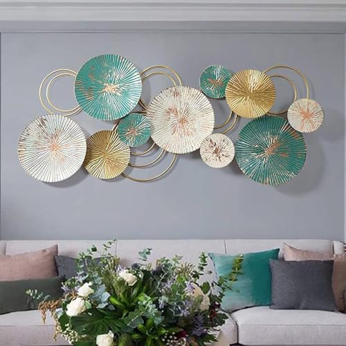 Image of F-RIQA METAL Abstract Metal Disc Wall Art for Living Room - 3D Designer Round Wall Decor with Teal, Gold & Champagne Finish, Luxury Handcrafted Metal Wall Hanging for Home, Bedroom, Hallway & Office