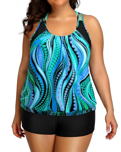 Image of Holipick Plus Size Tankini Swimsuit for Women Two Piece Tummy Control Bathing Suit Blouson Racerback Tankini Top with Shorts